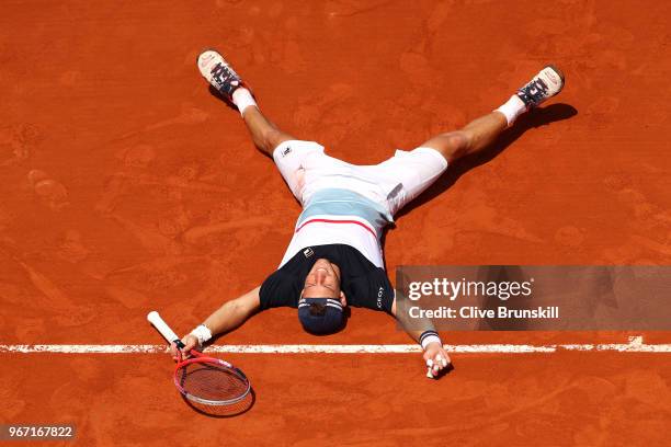 Diego Schwartzman of Argentina celebrates victory during his mens singles fourth round match against Kevin Anderson of South Africa during day nine...