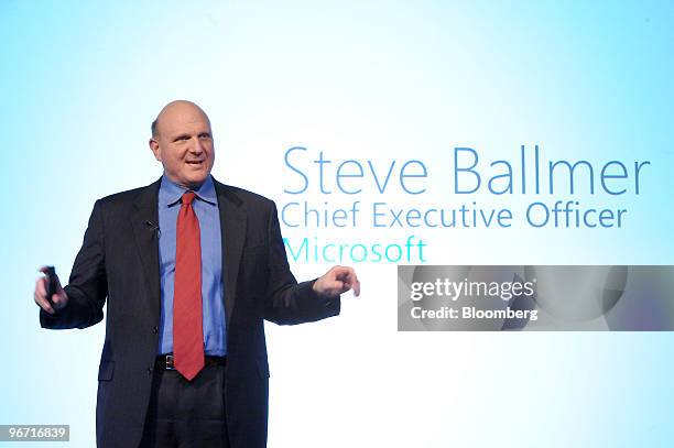 Steve Ballmer, chief executive officer of Microsoft Corp., speaks during the introduction of the Windows Phone 7 Series at the Mobile World Congress...