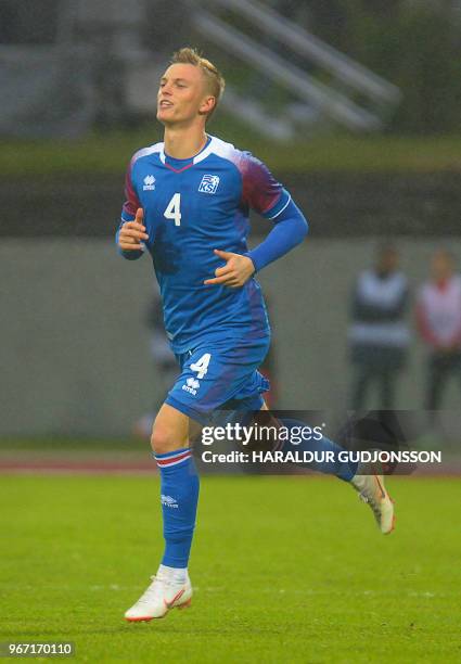 Iceland's midfielder Albert Gudmundsson plays during the international friendly football match Iceland v Norway in Reykjavik, Iceland on June 2, 2018.