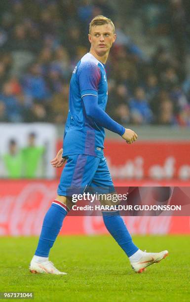 Iceland's midfielder Albert Gudmundsson plays during the international friendly football match Iceland v Norway in Reykjavik, Iceland on June 2, 2018.