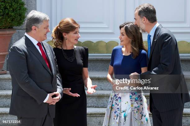 King Felipe VI of Spain and Queen Letizia of Spain receive Ukrainian President Petro Poroshenko and wife Maryna Poroshenko at the Zarzuela Palace on...