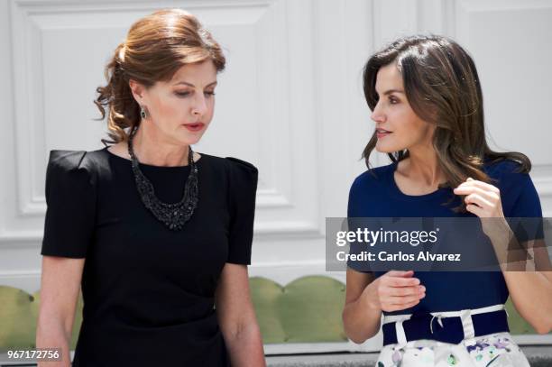 Queen Letizia of Spain receives Ukrainian First Lady Maryna Poroshenko at the Zarzuela Palace on June 04, 2018 in Madrid, Spain.