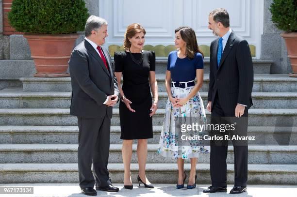 King Felipe VI of Spain and Queen Letizia of Spain receive Ukrainian President Petro Poroshenko and wife Maryna Poroshenko at the Zarzuela Palace on...