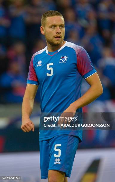 Iceland's defender Sverrir Ingason plays during the international friendly football match Iceland v Norway in Reykjavik, Iceland on June 2, 2018.