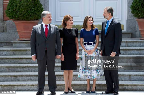 King Felipe VI of Spain and Queen Letizia of Spain receive Ukrainian President Petro Poroshenko and wife Maryna Poroshenko at the Zarzuela Palace on...