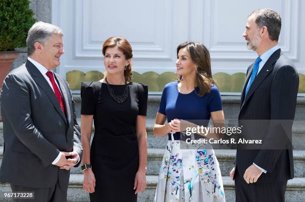 King Felipe VI of Spain and Queen Letizia of Spain receive Ukrainian President Petro Poroshenko and wife Maryna Poroshenko at the Zarzuela Palace on...