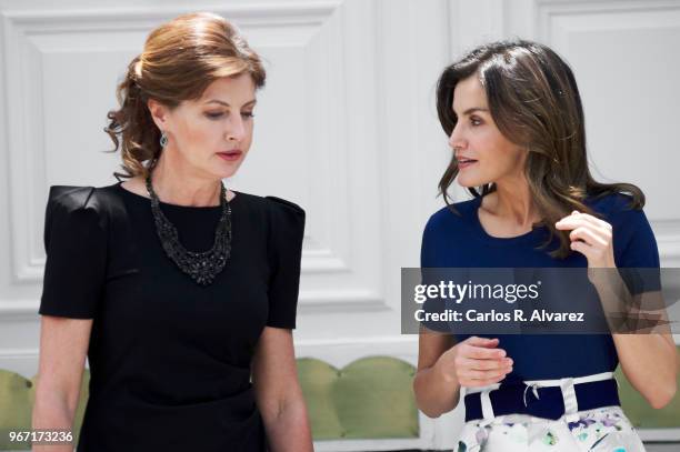 Queen Letizia of Spain receives Ukrainian First Lady Maryna Poroshenko at the Zarzuela Palace on June 04, 2018 in Madrid, Spain.