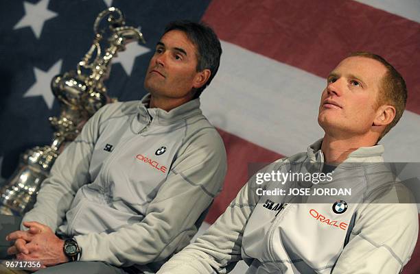 New Zealand's Oracle CEO Russell Coutts and Australian skipper and helmsman James Spithill are pictured during a press conference in Valencia on...