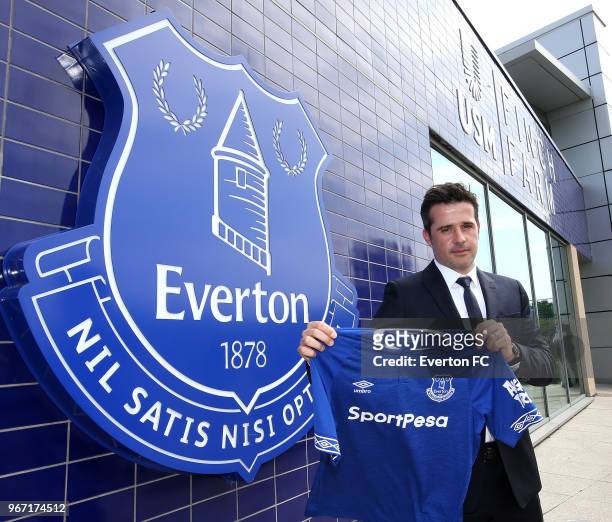 Everton manager Marco Silva poses during the Everton Marco Silva and Marcel Brands Press Conference at USM Finch Farm on June 4, 2018 in Halewood,...