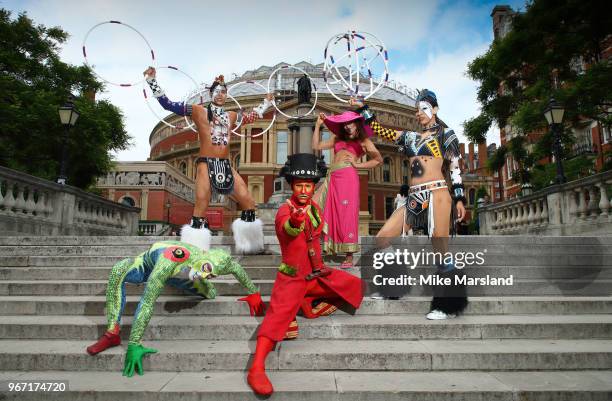 Cast of the world famous Cirque Du Soleil 'Totem' pose outside The Royal Albert Hall on June 4, 2018 in London, England ahead of the shows return to...