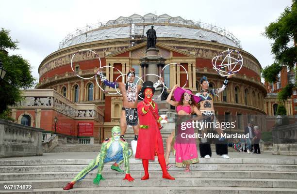 Cast of the world famous Cirque Du Soleil 'Totem' pose outside The Royal Albert Hall on June 4, 2018 in London, England ahead of the shows return to...