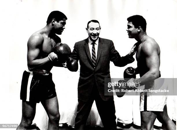 Television sports journalist Howard Cosell , center, keeps boxers Ernie Terrell, left, and Muhammad Ali , on right, away from each other as they...