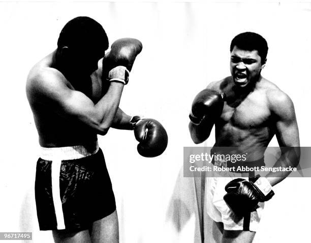 Boxers Ernie Terrell and Muhammad Ali stand next to each other in mock fighting poses during a pre-bout promotional event, probably in Houston, TX,...