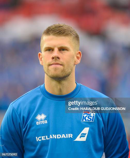 Iceland's midfielder Johann Berg Gudmundsson lines up prior to the international friendly football match Iceland v Norway in Reykjavik, Iceland on...