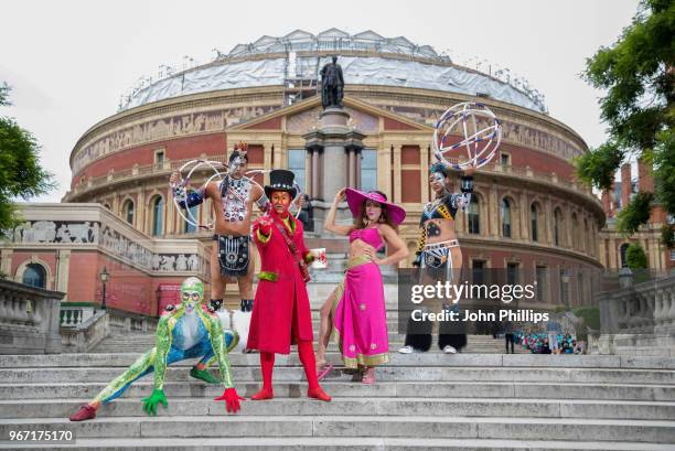 Cast of the world famous Cirque Du Soleil 'Totem' pose outside The Royal Albert Hall on June 4, 2018 in London, England ahead of the shows return to...