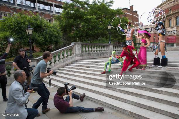 Cast of the world famous Cirque Du Soleil 'Totem' pose outside The Royal Albert Hall on June 4, 2018 in London, England ahead of the shows return to...