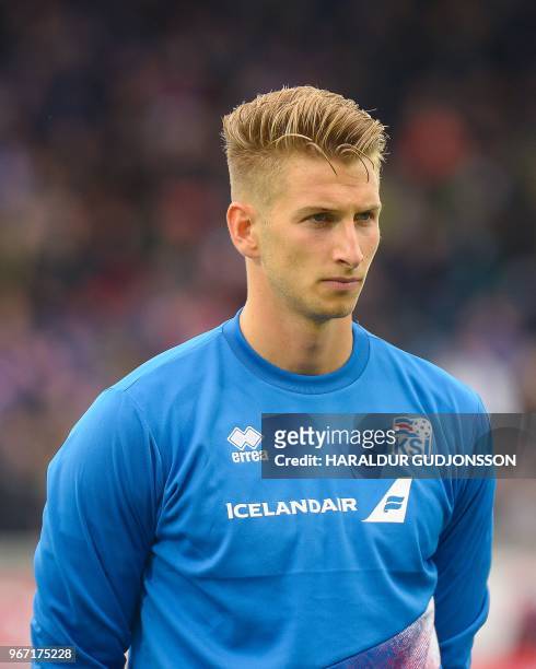 Iceland's midfielder Albert Gudmundsson lines up prior to the international friendly football match Iceland v Norway in Reykjavik, Iceland on June 2,...