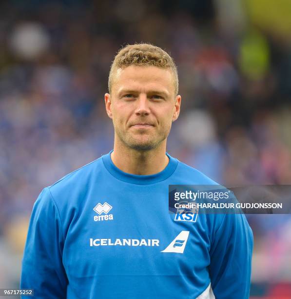 Iceland's defender Sverrir Ingason lines up prior to the international friendly football match Iceland v Norway in Reykjavik, Iceland on June 2, 2018.