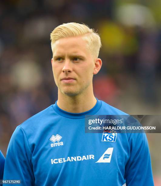 Iceland's defender Hordur Bjorgvin Magnusson lines up prior to the international friendly football match Iceland v Norway in Reykjavik, Iceland on...