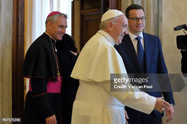 Pope Francis meets Prime Minister of Poland Mateusz Morawiecki at the Apostolic Palace on June 4, 2018 in Vatican City, Vatican.