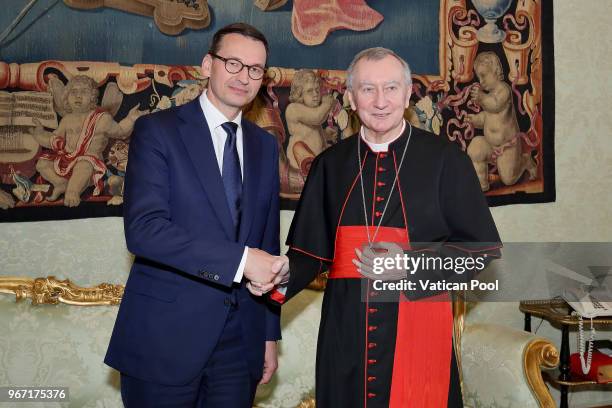 Prime Minister of Poland Mateusz Morawiecki meets Vatican Secretary of State, Cardinal Pietro Parolin after a meeting with Pope Francis at the...