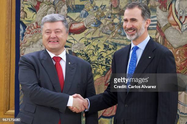 King Felipe VI of Spain receives Ukrainian President Petro Poroshenko at the Zarzuela Palace on June 04, 2018 in Madrid, Spain.