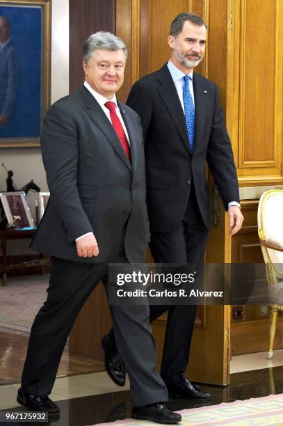 King Felipe VI of Spain receives Ukrainian President Petro Poroshenko at the Zarzuela Palace on June 04, 2018 in Madrid, Spain.