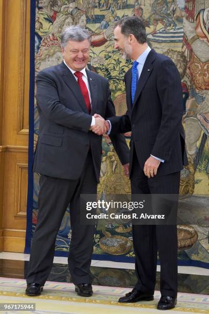 King Felipe VI of Spain receives Ukrainian President Petro Poroshenko at the Zarzuela Palace on June 04, 2018 in Madrid, Spain.