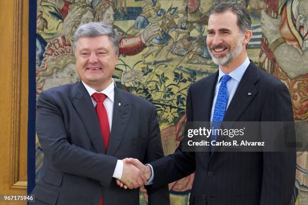 King Felipe VI of Spain receives Ukrainian President Petro Poroshenko at the Zarzuela Palace on June 04, 2018 in Madrid, Spain.