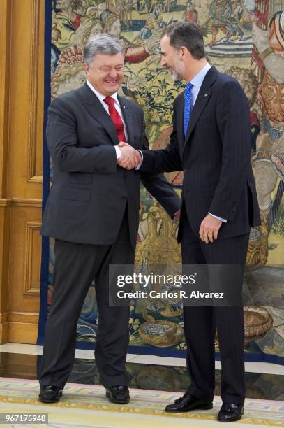 King Felipe VI of Spain receives Ukrainian President Petro Poroshenko at the Zarzuela Palace on June 04, 2018 in Madrid, Spain.