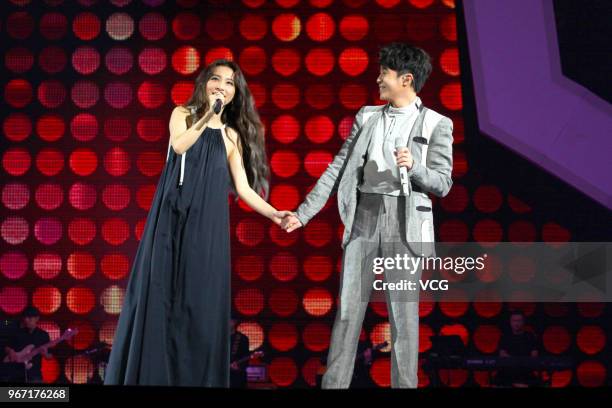 Singers Hebe Tien and Greeny Wu Tsing-fong attend the 2018 Hito Music Awards at Taipei Arena on June 3, 2018 in Taipei, Taiwan.