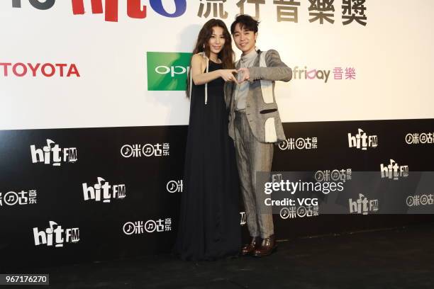 Singers Hebe Tien and Greeny Wu Tsing-fong attend the 2018 Hito Music Awards at Taipei Arena on June 3, 2018 in Taipei, Taiwan.