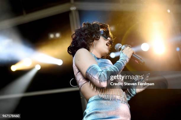 Kali Uchis performs live on stage during Day 3 of the 2018 Governors Ball Music Festival on June 3, 2018 in New York City.