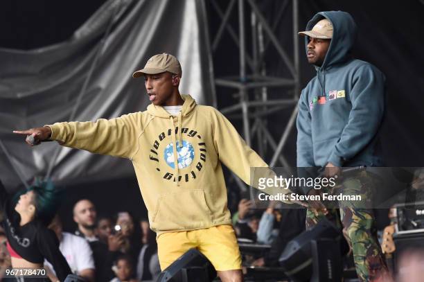 Pharrell Williams and Shay Haley of N.E.R.D. Perform live on stage during Day 3 of the 2018 Governors Ball Music Festival on June 3, 2018 in New York...