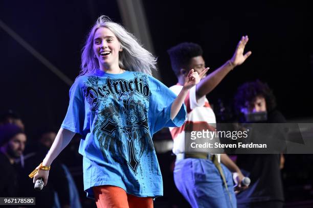 Billie Eilish and Khalid perform live on stage during Day 3 of the 2018 Governors Ball Music Festival on June 3, 2018 in New York City.