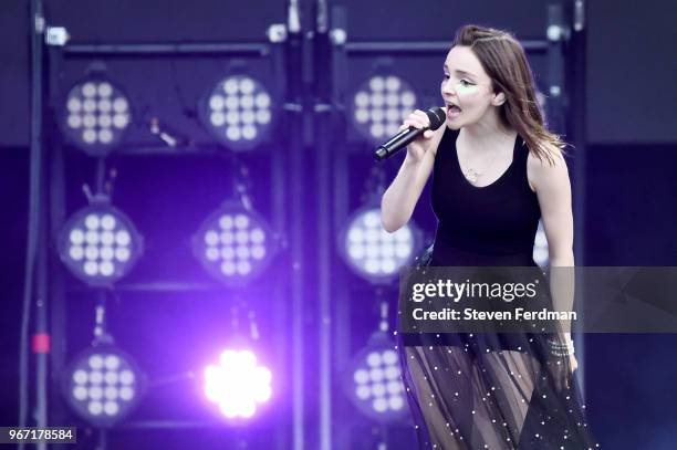 Lauren Mayberry of Chvrches performs live on stage during Day 3 of the 2018 Governors Ball Music Festival on June 3, 2018 in New York City.