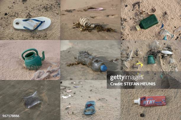 This combination of pictures created on June 4, 2018 shows a discarded sandal, plastic and sea kelp, an empty gin bottle, a discarded plastic kettle,...