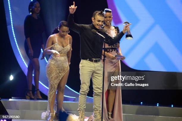 Best Hip Hop Album goes to Shane Eagle with him are Boity and Loot Love during the 24th annual South African Music Awards ceremony at Sun City on...