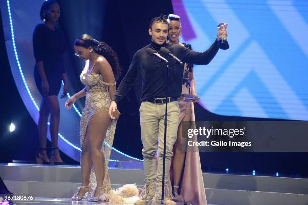 Best Hip Hop Album goes to Shane Eagle with him are Boity and Loot Love during the 24th annual South African Music Awards ceremony at Sun City on...