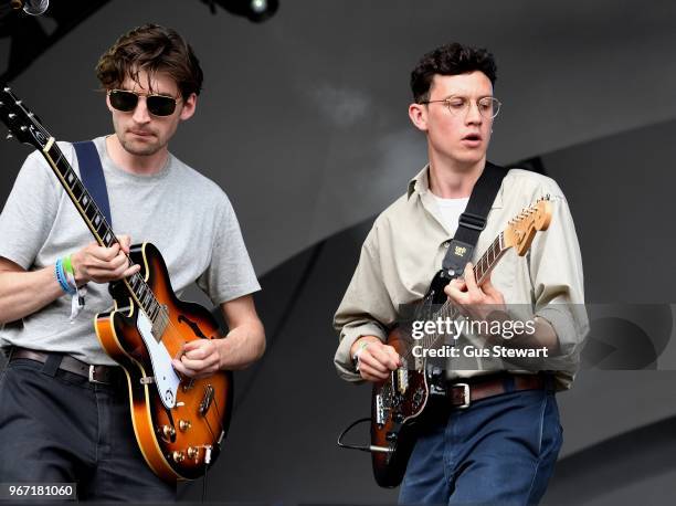 Kristian Smith and Jack Kaye of The Magic Gang perform on stage at All Points East in Victoria Park on June 3, 2018 in London, England.