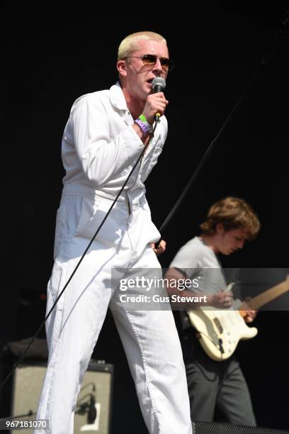 Charlie Steen of Shame performs on stage at All Points East in Victoria Park on June 3, 2018 in London, England.