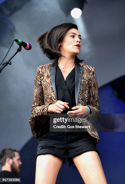Nadine Shah performs on stage at All Points East in Victoria Park on June 3, 2018 in London, England.