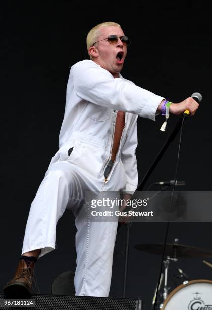 Charlie Steen of Shame performs on stage at All Points East in Victoria Park on June 3, 2018 in London, England.