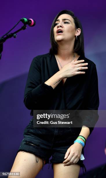 Nadine Shah performs on stage at All Points East in Victoria Park on June 3, 2018 in London, England.