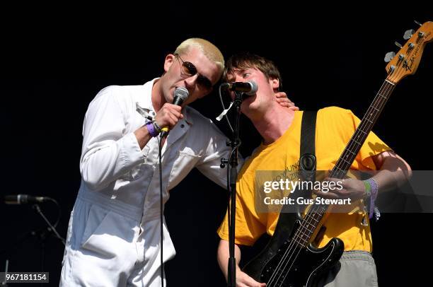 Charlie Steen and Josh Finerty of Shame perform on stage at All Points East in Victoria Park on June 3, 2018 in London, England.