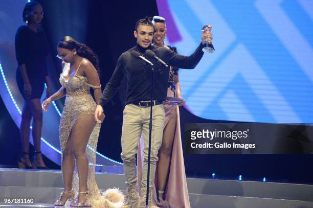 Best Hip Hop Album goes to Shane Eagle with him are Boity and Loot Love during the 24th annual South African Music Awards ceremony at Sun City on...