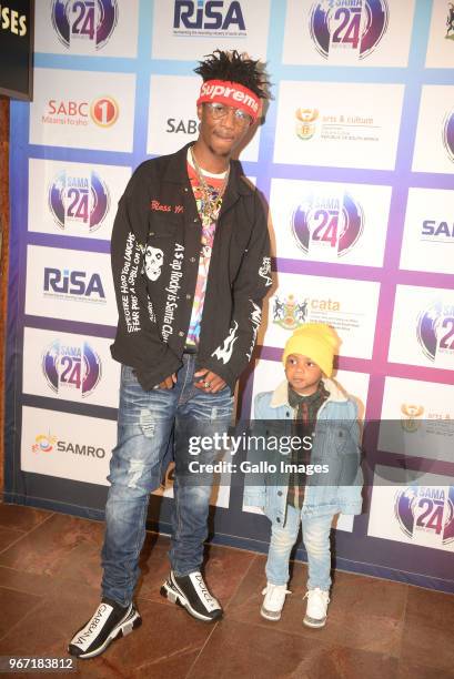 Rapper Emtee and son Avery during the 24th annual South African Music Awards ceremony at Sun City on June 02, 2018 in Rustenburg, South Africa. The...