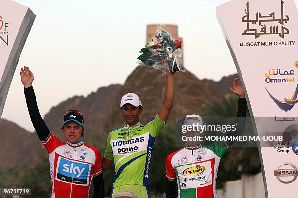 Winner Liquigas-Doimo team rider Daniele Bennati of Italy , third place team Sky rider Edvald Boasson Hagen and second-place Garmin-Transitions team...