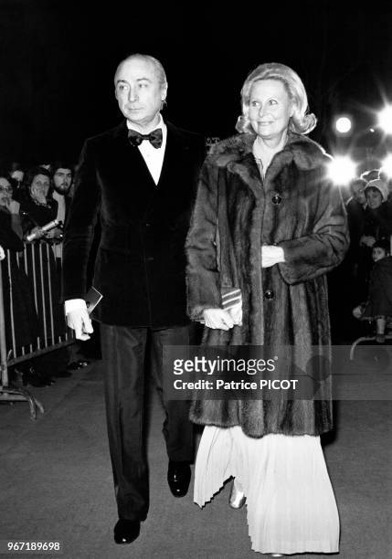 Gérard Oury et Michèle Morgan lors de la première "Il était une fois à Hollywood" le 16 janvier 1975, France.