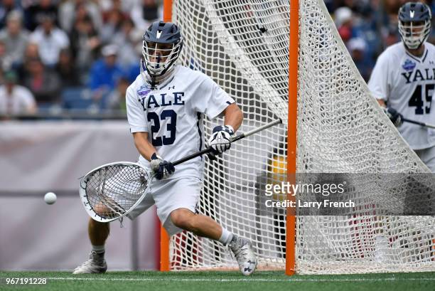 Jack Starr of Yale University defends the goal against Duke University during the Division I Men's Lacrosse Championship Semifinals held at Gillette...